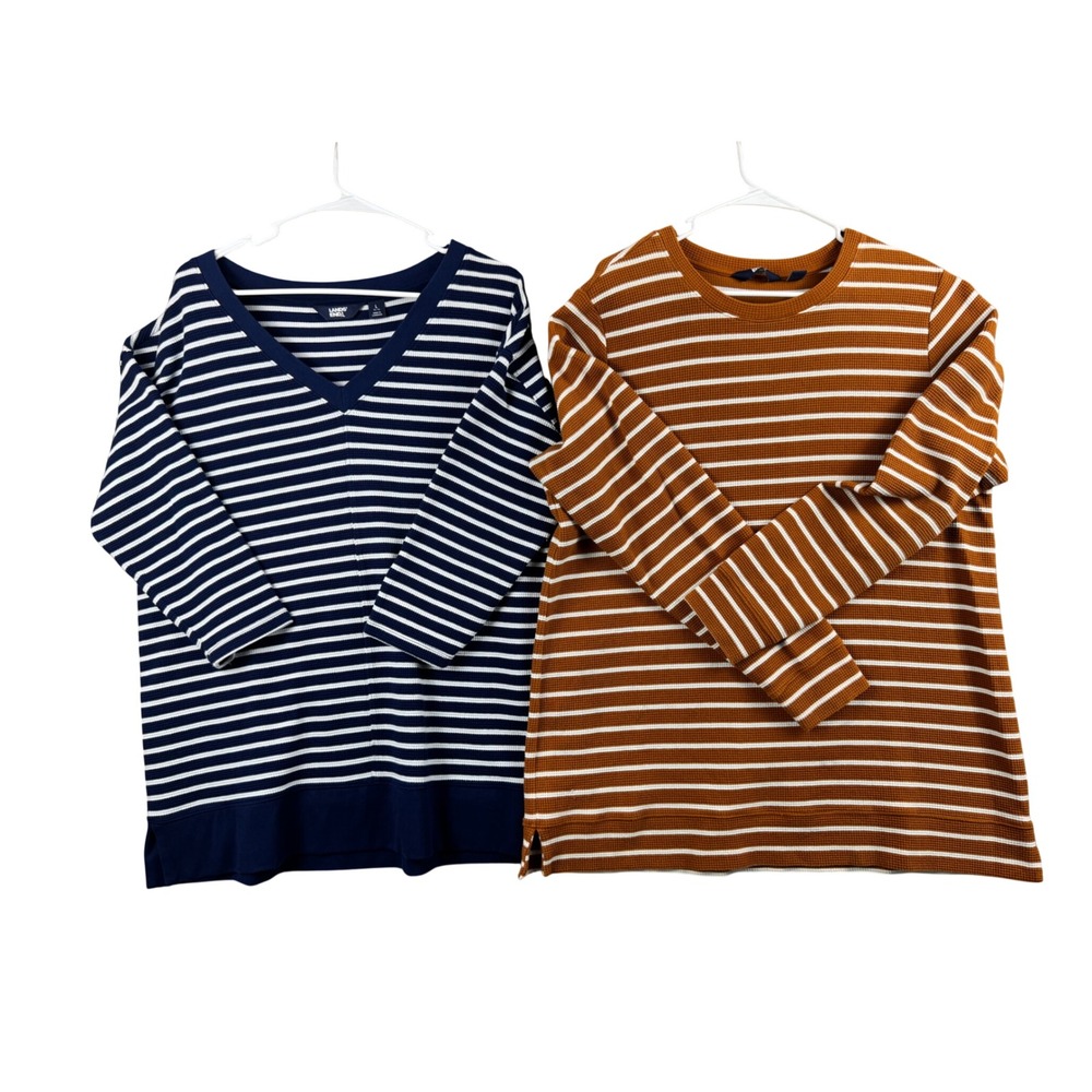 Lands End Women L 14-16 Waffle Knit Striped Tops Lot 2 Navy V-Neck Rust Crew